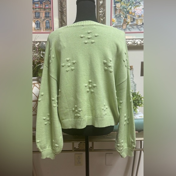 LALAVON CREW NECK TEXTURED MINT GREEN LOOSE FITTING BALLON SLEEVE SWEATER SZ L - Picture 5 of 9